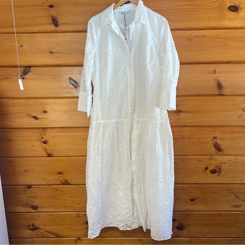 Fairy Zara White Collared Button Front 3/4 Sleeve Eyelet Midi Dress XL